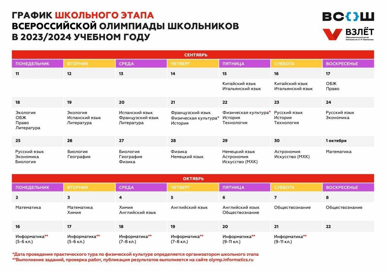 График школьного этапа всероссийской олимпиады школьников в 2023/2024 учебном году